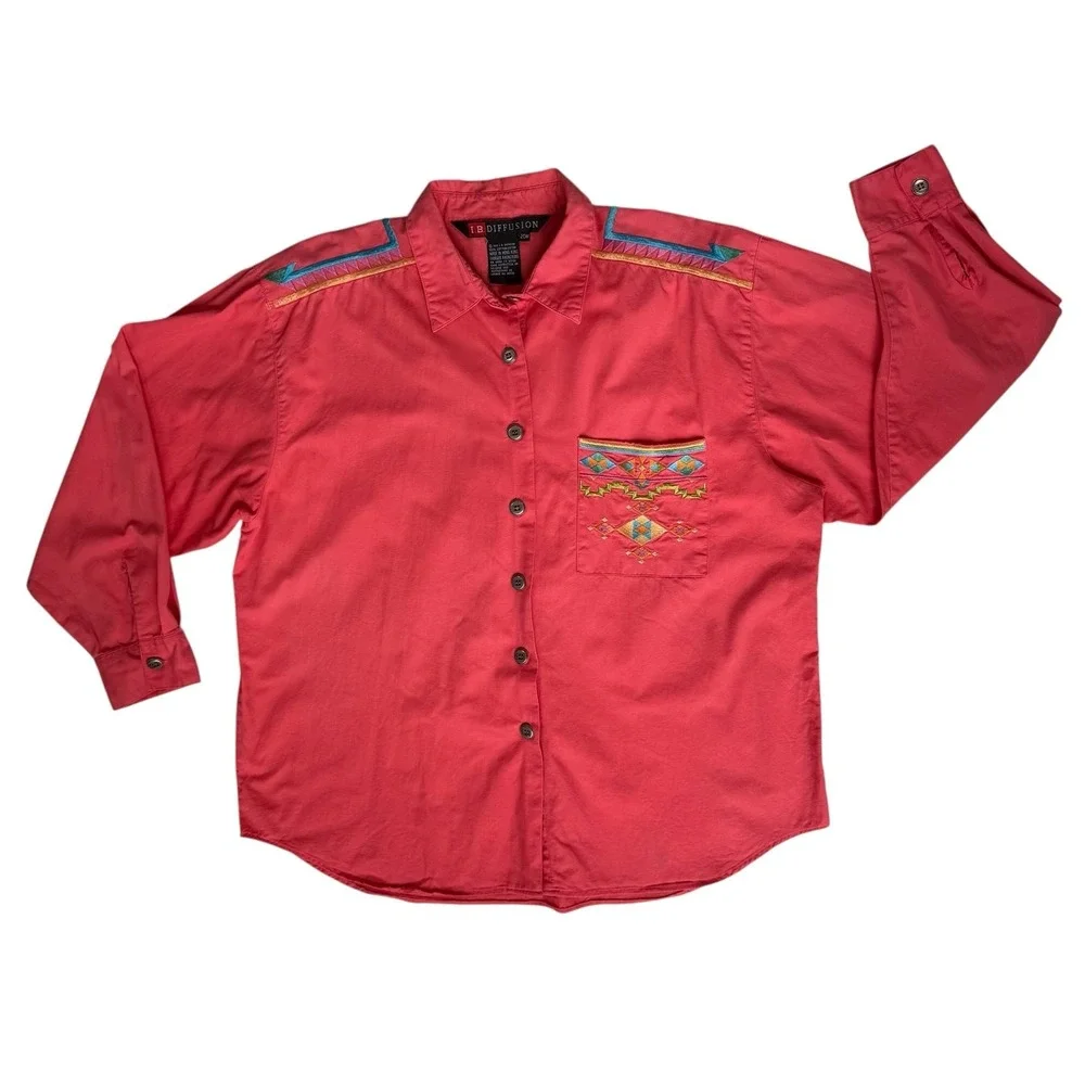 Vtg IB Diffusion Womens Western Shirt Plus 22W Coral Colorful Embroidery Cowgirl